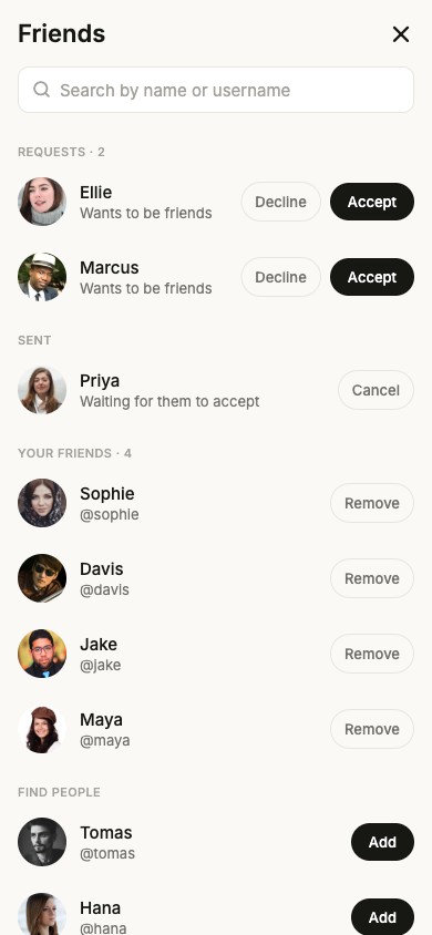 The friends screen, showing requests and people to add